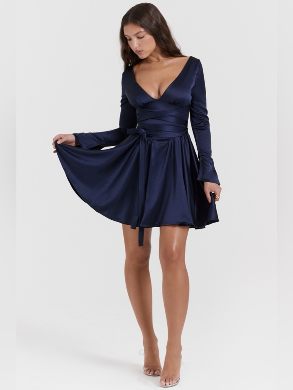House of‎ CB Dominique Navy Plunge Satin Mini Dress long sleeved